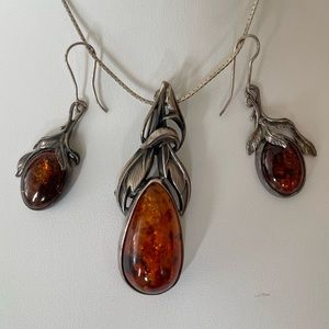 Vintage Sterling silver 925 Baltic Amber necklace pendant pin earrings brooch